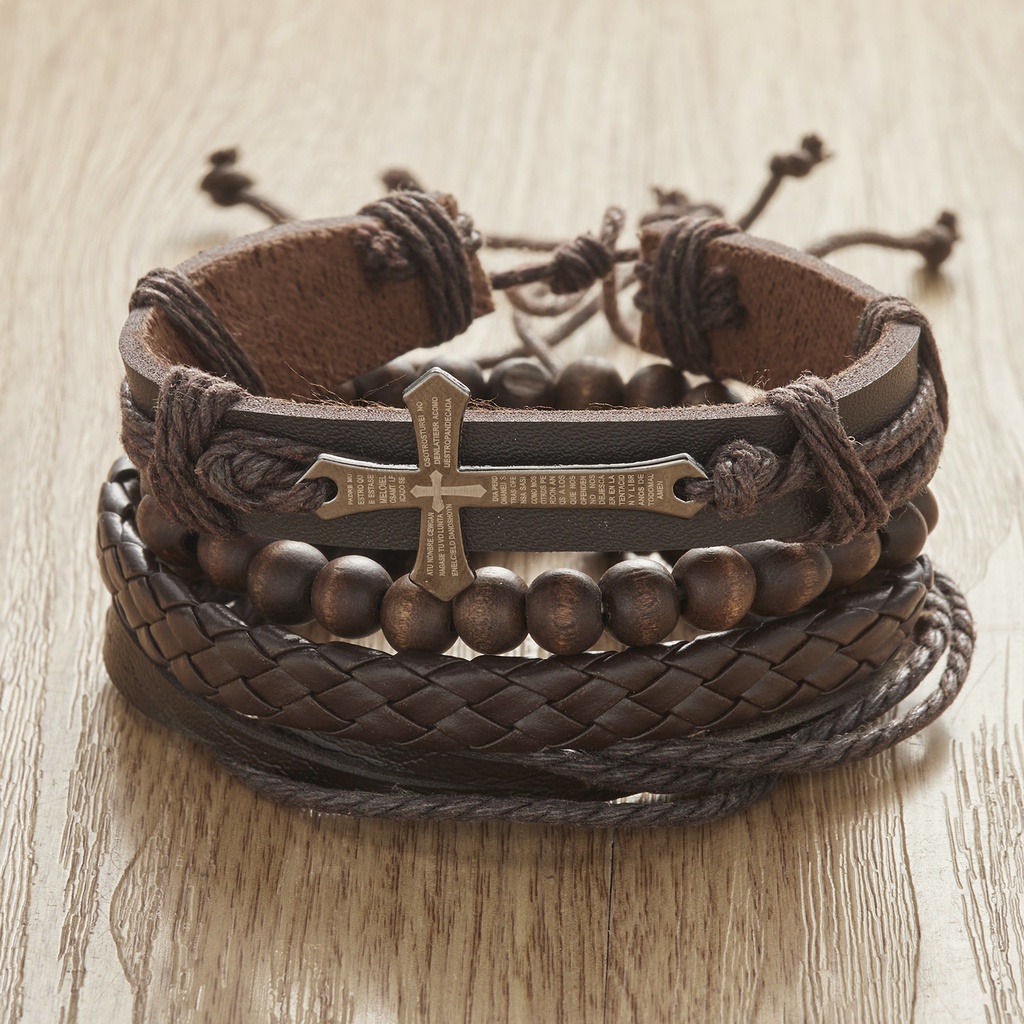 ชุดสร้อยข้อมือหนังถัก ประดับลูกปัดไม้ ทรงสี่เหลี่ยม หลายชั้น สําหรับผู้ชาย