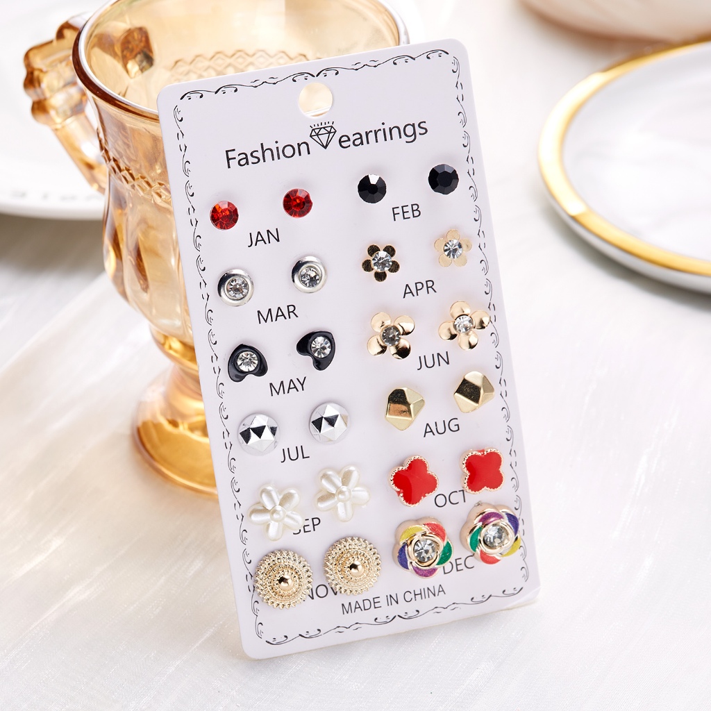 ชุดเครื่องประดับ ต่างหูแฟชั่น รูปดาว ดวงจันทร์ หัวใจ ฝังเพชร 12 คู่