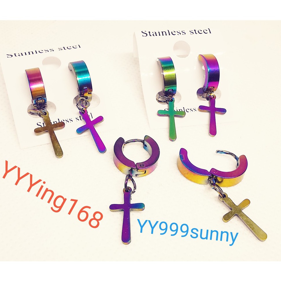 ต่างหู ไม่ต้องเจาะหู ตุ้มหู จิว ไม้กางเขน Cross Huggie Stud Earrings for Men Stainless Steel Earing Punk Male Costume Je