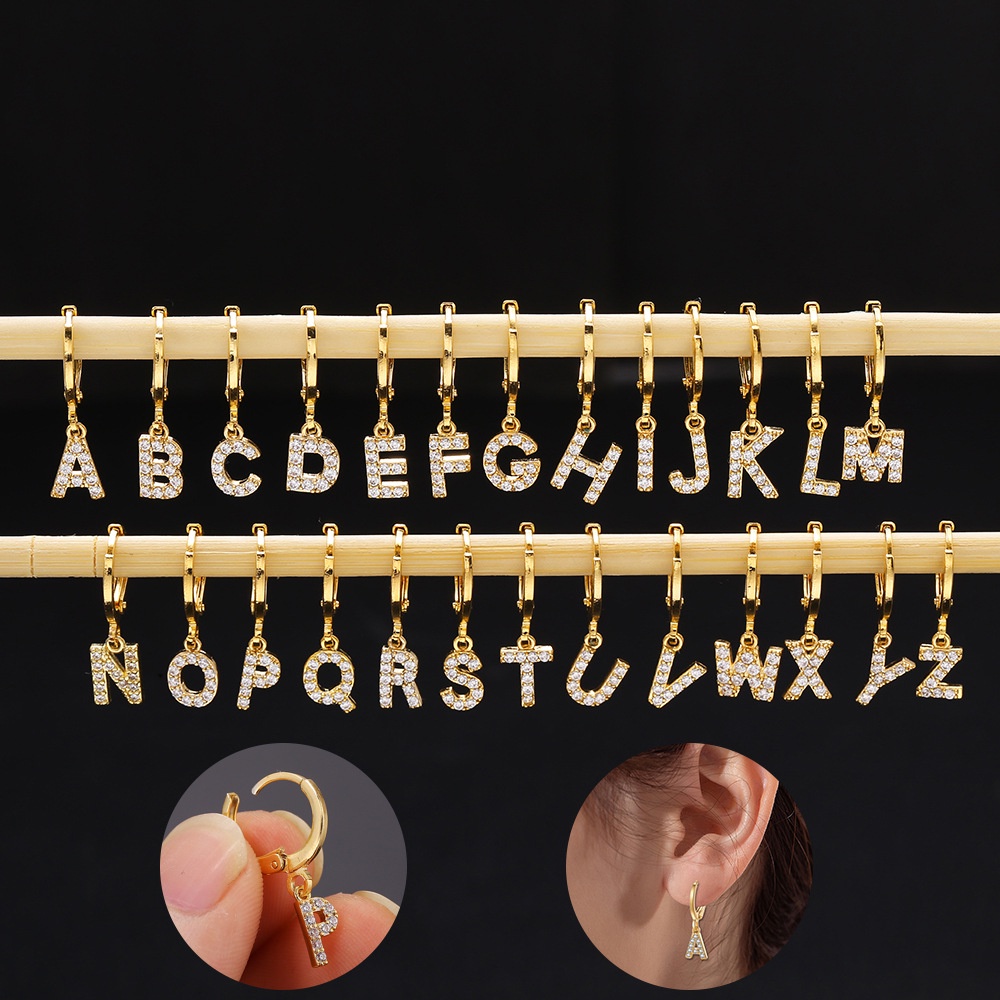 ต่างหูตัวอักษร A-Z แฟชั่นชุบทองห่วงวางต่างหูเพชรสตั๊ดต่างหูเครื่องประดับของผู้หญิง