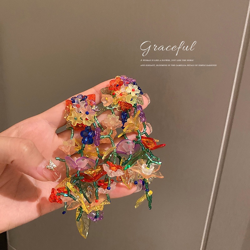 ต่างหูพู่ ลายดอกไม้ สไตล์แฟรี่ แฮนด์เมด สําหรับผู้หญิง