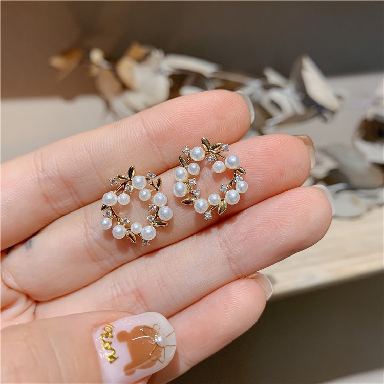 ต่างหูมุกเข็มเงิน 925 พวงหรีดระดับไฮเอนด์ 2 ต่างหูเกาหลีหญิงต่างหูสีแดงสุทธิ