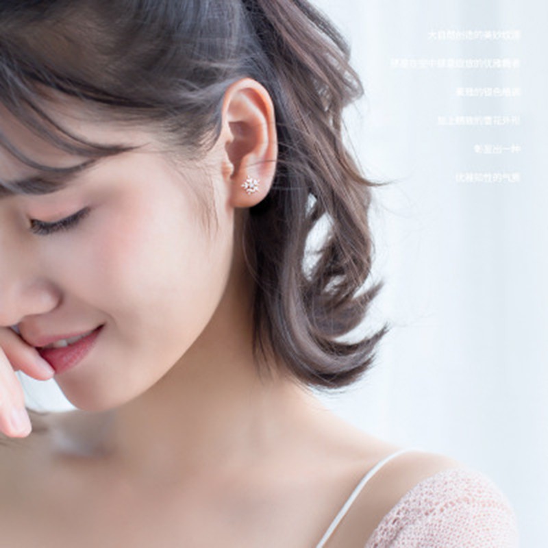 ต่างหูสตั๊ด เงินแท้ 92.5% รูปดอกไม้ เกล็ดหิมะ ประดับเพชร แฟชั่นสำหรับผู้หญิง