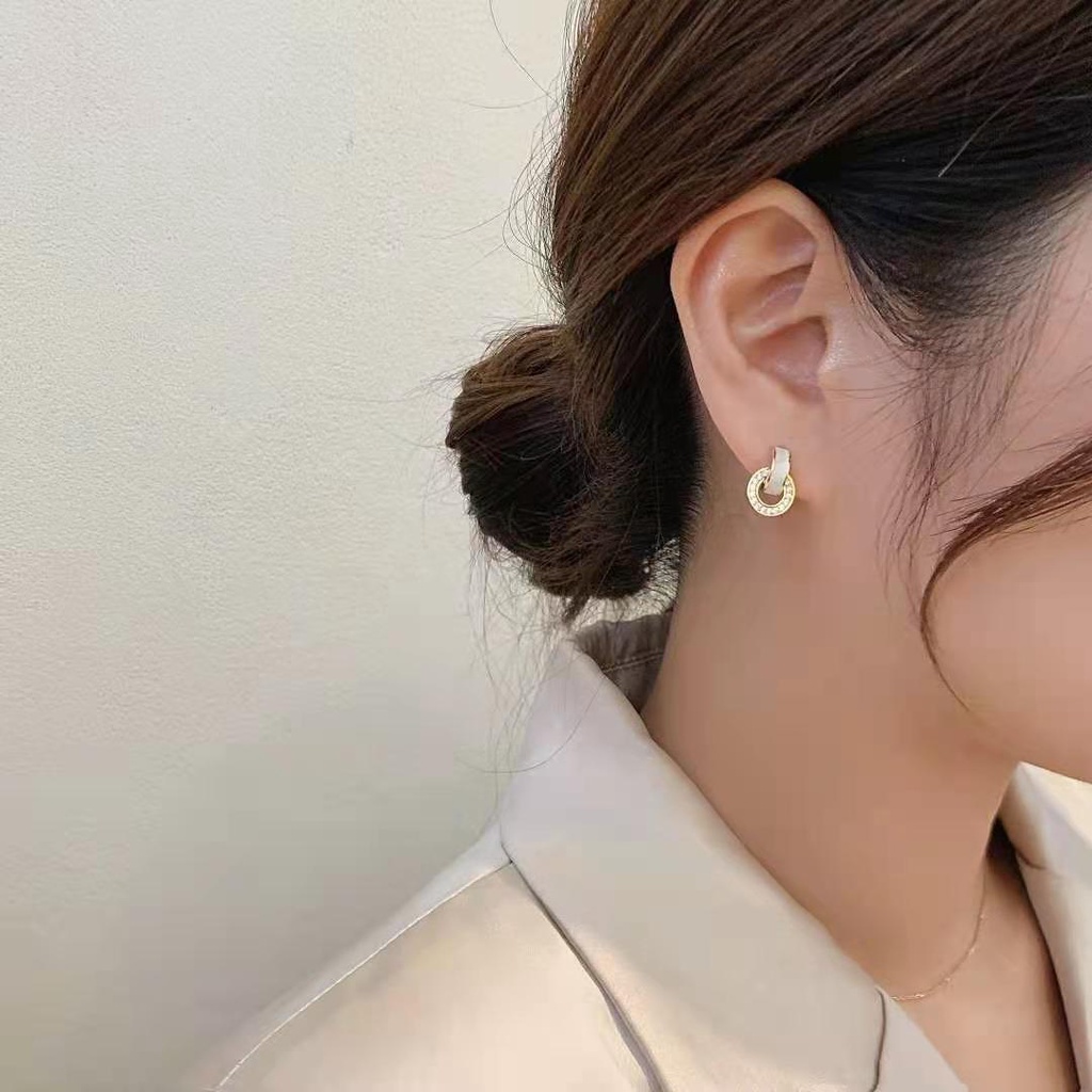 ต่างหูเข็มเงิน 925 ประดับเพชร ทรงกลม ขนาดเล็ก สไตล์เกาหลี สําหรับผู้หญิง