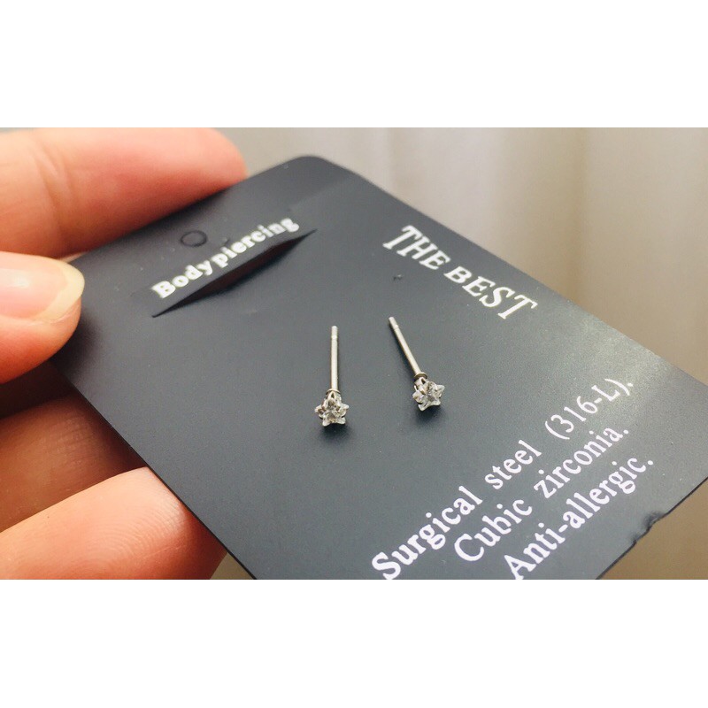 ต่างหูเพชรczรูปดาว3-4-5-6mm.สำหรับผิวแพ้ง่าย วัสดุ Medical Grade Stainless Steel316Lราคา/คู่