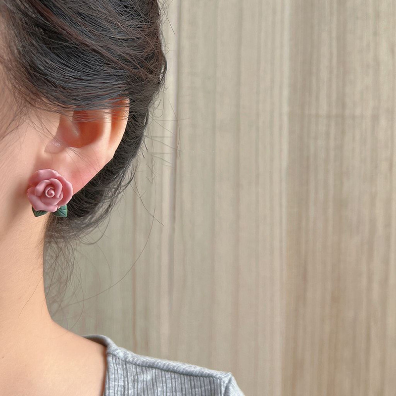ต่างหูแฟชั่น แฮนด์เมด รูปดอกกุหลาบ สีชมพู S925 สําหรับผู้หญิง