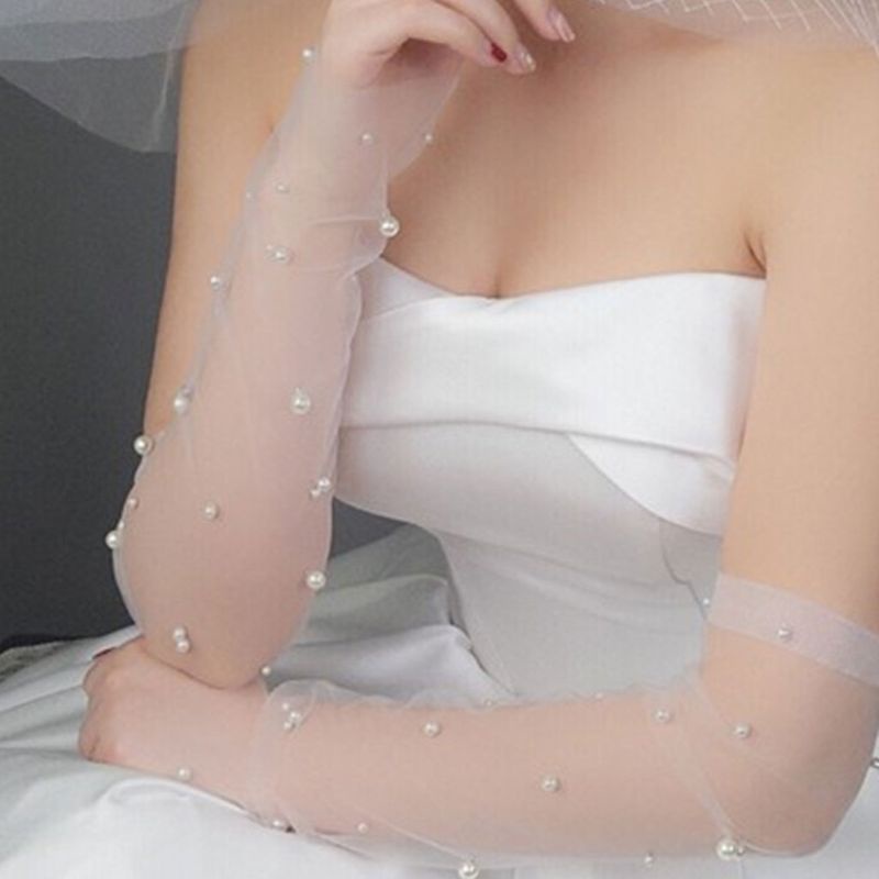 ถุงมือยาว ผ้าตาข่าย ประดับไข่มุก สีขาว เหมาะกับงานพรอม งานแต่งงาน สําหรับผู้หญิง