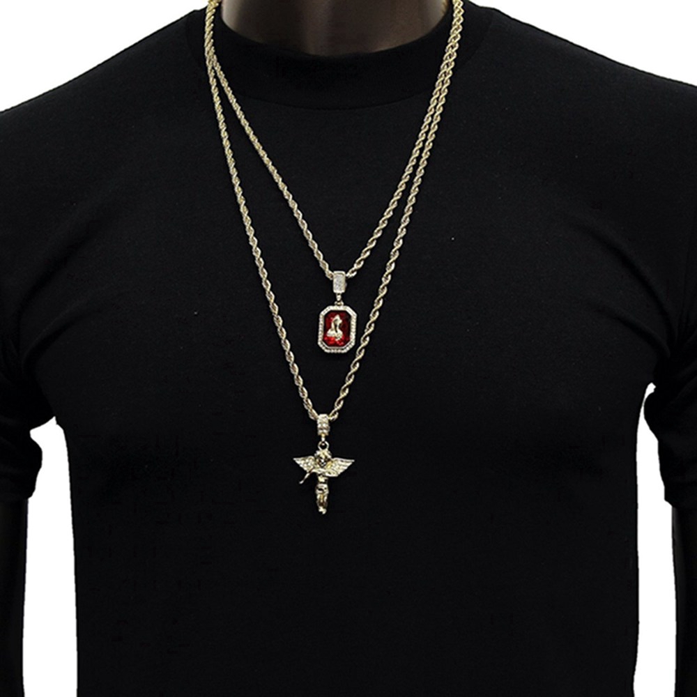 ผู้ชาย Golden Angel Ruby Pendant สร้อยคอยาวฮิปฮอป