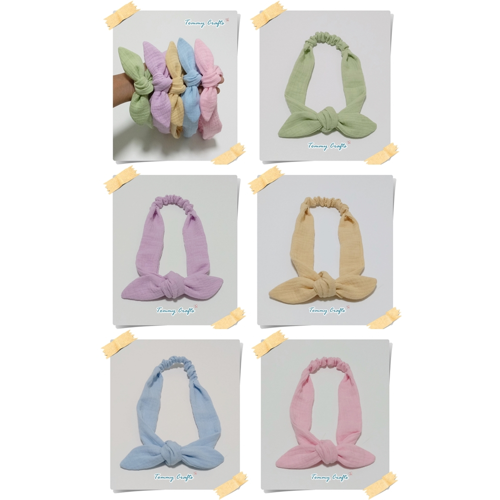 ผ้าคาดผมโบว์ผ้าฝ้ายอัดยับ ไซส์ผู้ใหญ่/เด็ก สีหวาน เขียว/ม่วง/เหลือง/ฟ้า/ชมพู cotton Hairbands