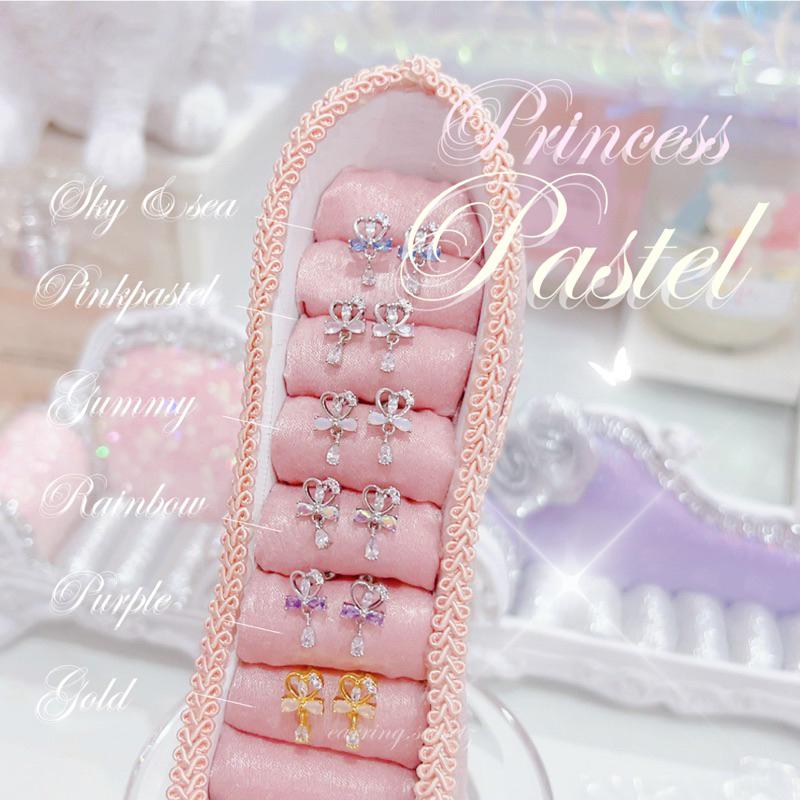 พร้อมส่ง    Bow pastel (2B) ต่างหูเงินแท้92.5%      ไม่ใช่หลักสิบ !  เจ้าหญิง ต่างหู ต่างหูหัวใจ เพชร จิวต่างหู