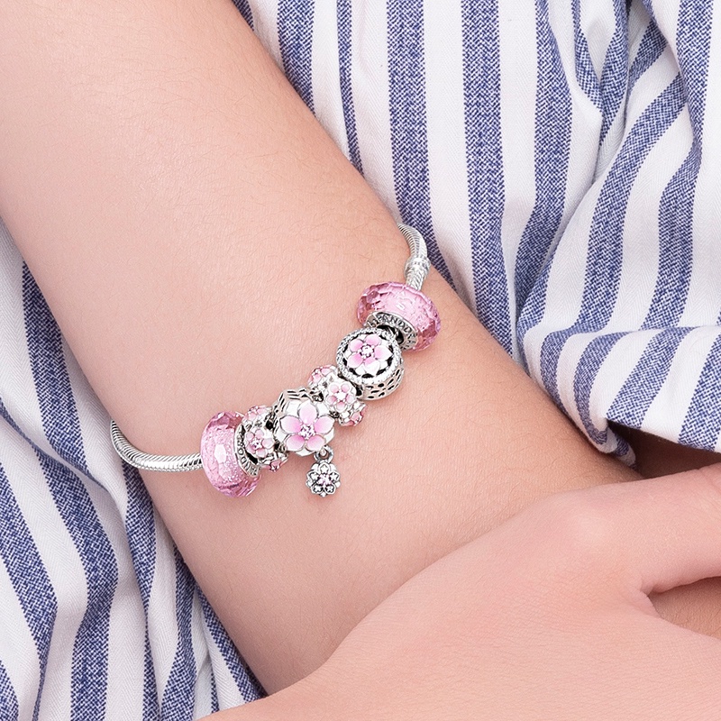 พร้อมส่ง PANDORA สร้อยข้อมือเงิน 925 ประดับกลิตเตอร์ สีชมพู สําหรับผู้หญิง