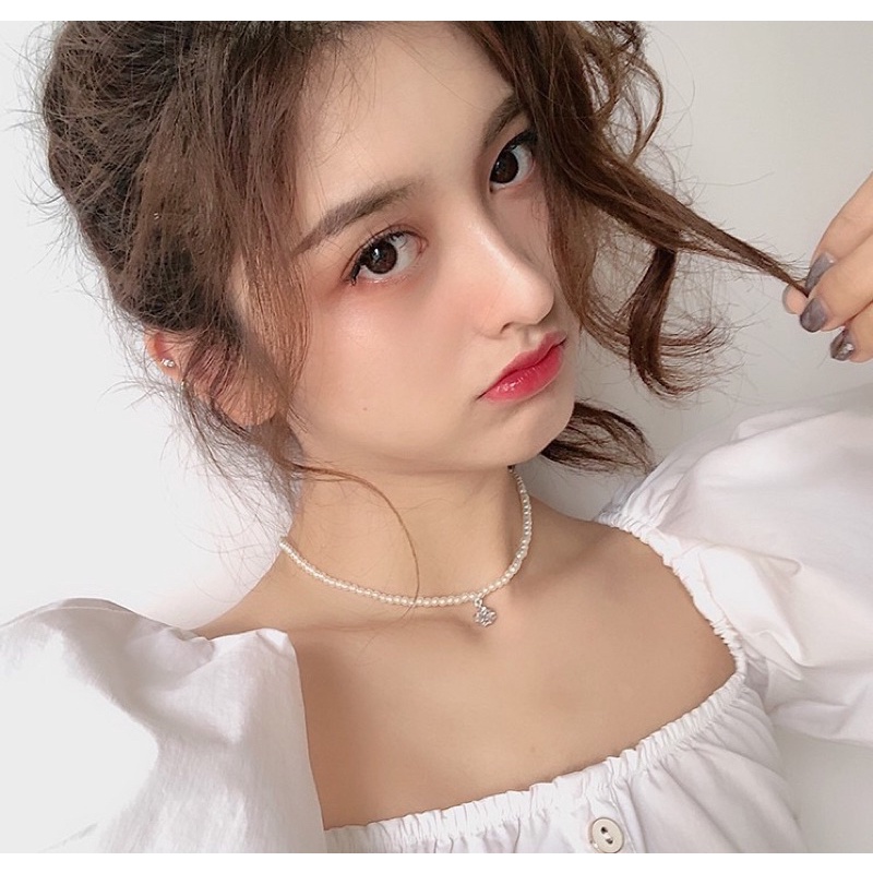 พร้อมส่งค่ะสร้อยคอลูกปัดสีมุกแต่งจี้เพชร
