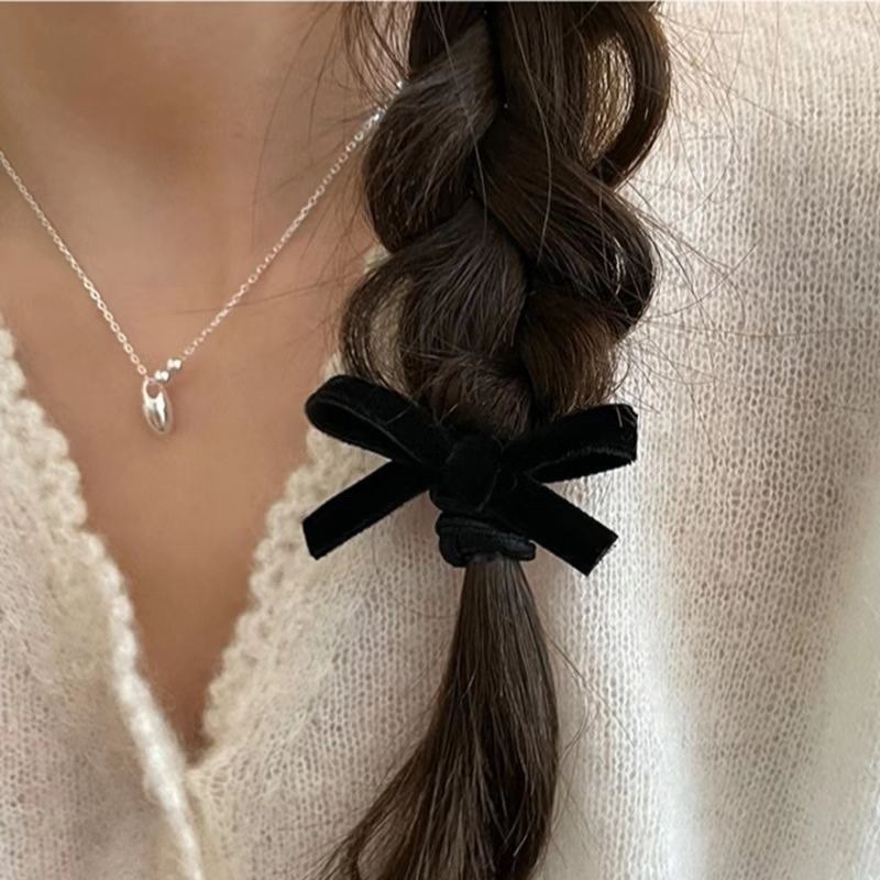 ยางรัดผม ผ้ากํามะหยี่ สีดํา ประดับโบว์ ขนาดเล็ก สไตล์เกาหลี สําหรับผู้หญิง งานแต่งงาน