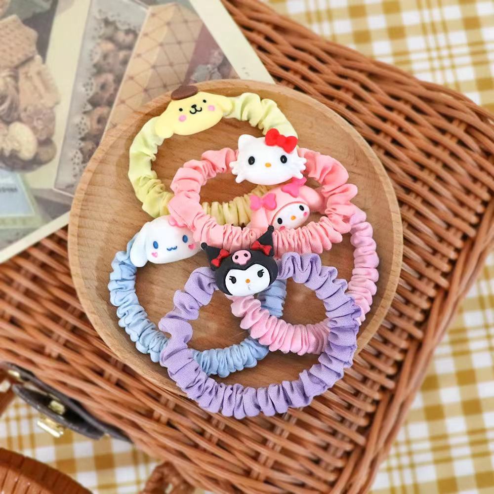 ยางรัดผม แบบนิ่ม ลายการ์ตูน Sanrio Cinnamon Dog Mymelody Purin Kuromi แบบเรียบง่าย สําหรับเด็กผู้หญิง