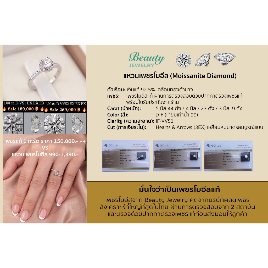 [ลดเพิ่ม 30% โค้ด BEAUMOIS]  แหวนเพชรโมอีส เงินแท้ 92.5% Moissanite Diamond D-IF 23 ตัง เคลือบทองคำขาว รุ่น RS2082-IS