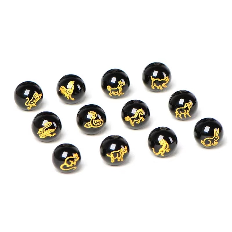 ลูกปัดคริสตัลควอตซ์ หินอาเกตธรรมชาติ สีดํา 12 ราศี 4A DIY