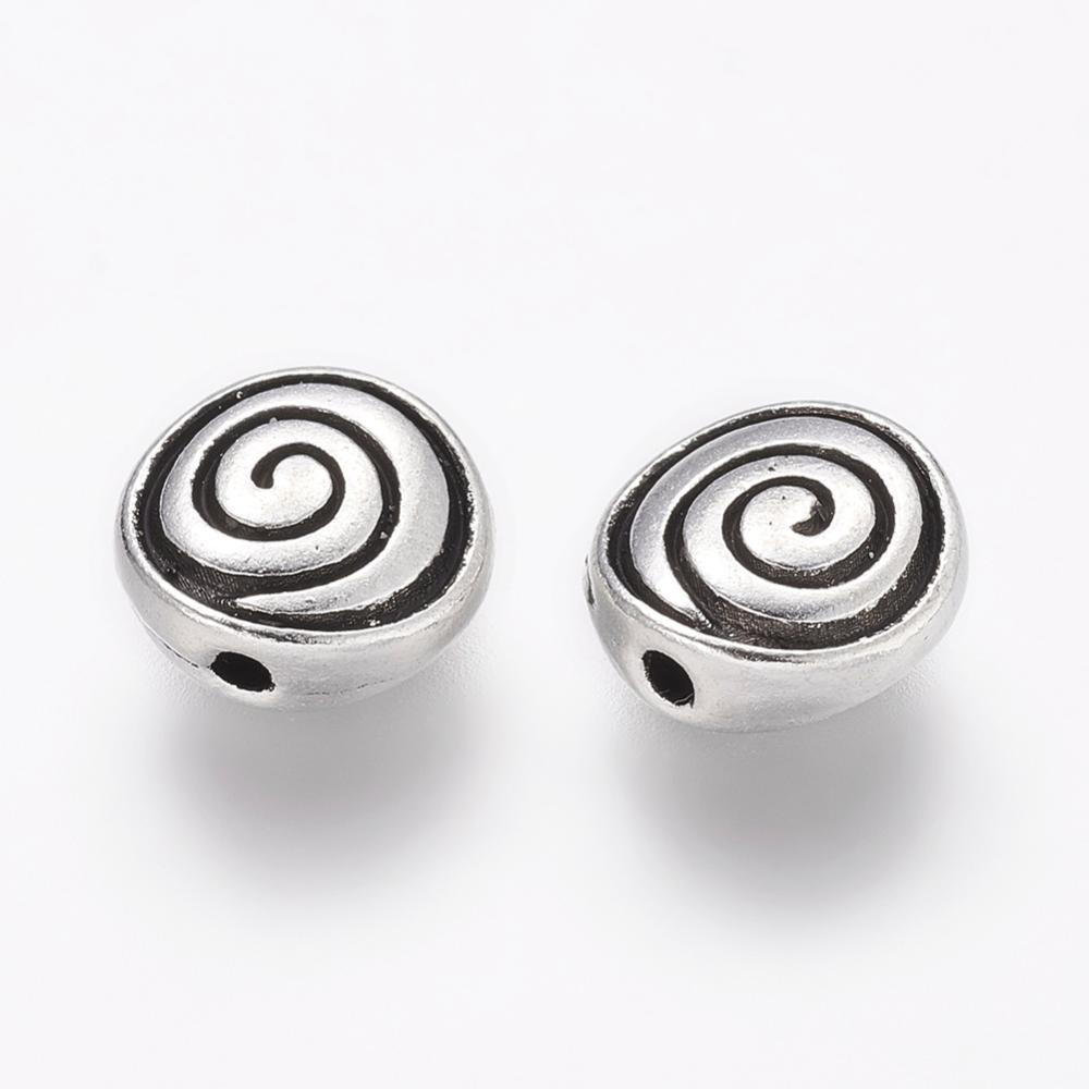 ลูกปัดทิเบตอัลลอย ทรงกลมแบน ไร้แคดเมียม ไร้ตะกั่ว สีเงิน ขนาด 8x4 มม. รูขนาด 1.5 มม. 7-50 ชิ้น
