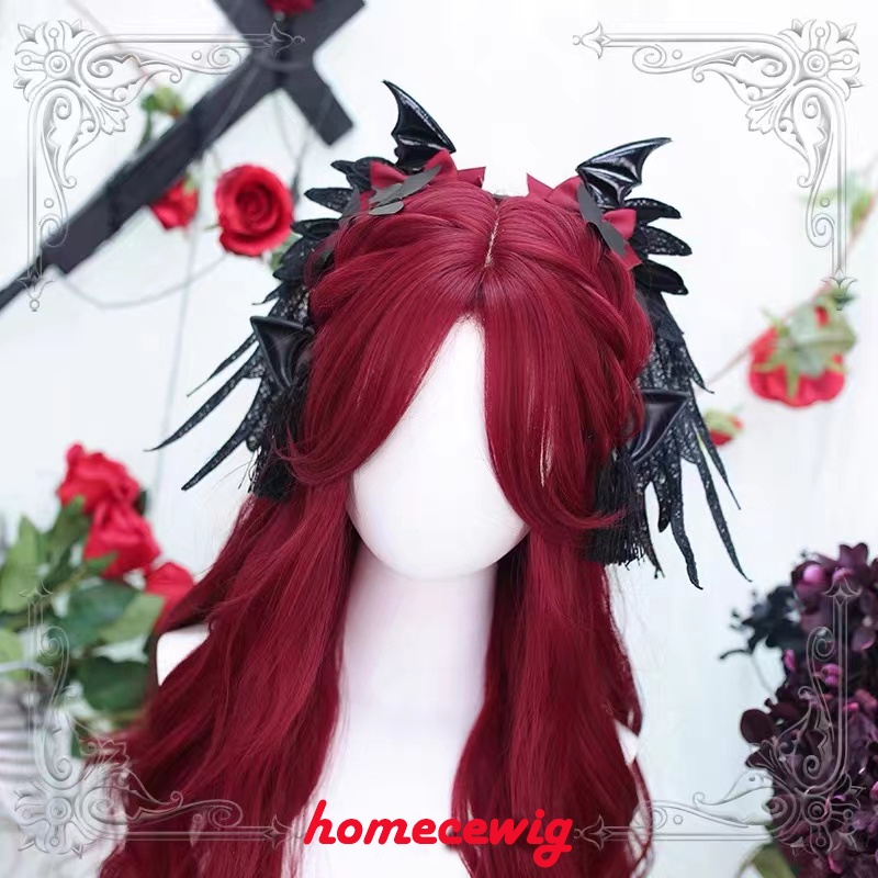 วิกผมยาวหยิก สีไวน์แดง ไม่มีหน้าม้า คอสเพลย์โลลิต้า สําหรับผู้หญิง