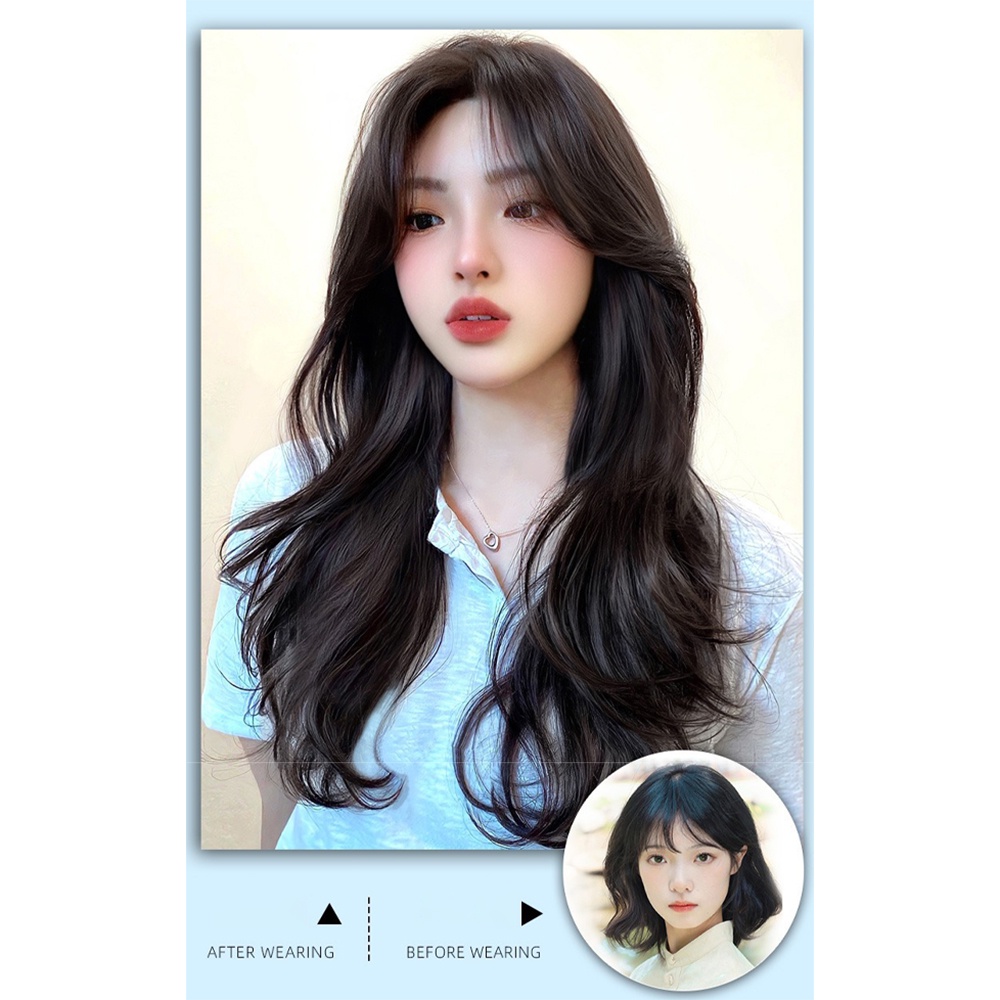 วิกผมหยิกยาว ธรรมชาติ ผู้หญิง สาว ไร้รอยต่อ รูปตัวยู สังเคราะห์ วิกผมฟู ต่อผม 55 ซม.