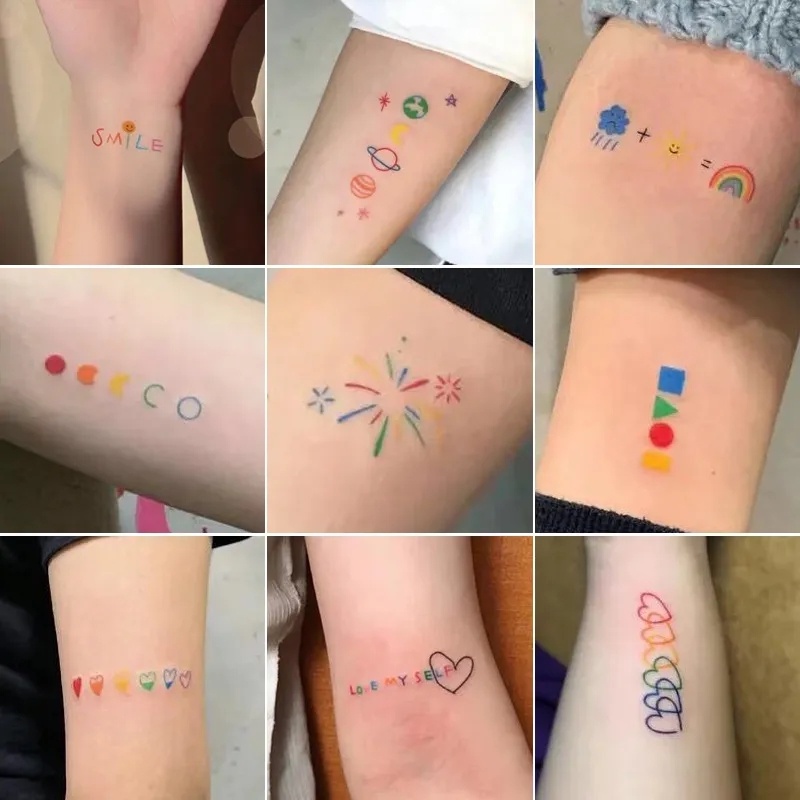 สติกเกอร์รอยสักชั่วคราว ลายการ์ตูนสายรุ้ง และดอกไม้น่ารัก สุ่มสี