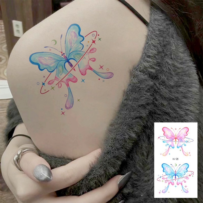 สติกเกอร์รอยสักชั่วคราว ลายขนนก ผีเสื้อเรืองแสง กันน้ํา สีฟ้า สําหรับตกแต่งร่างกาย