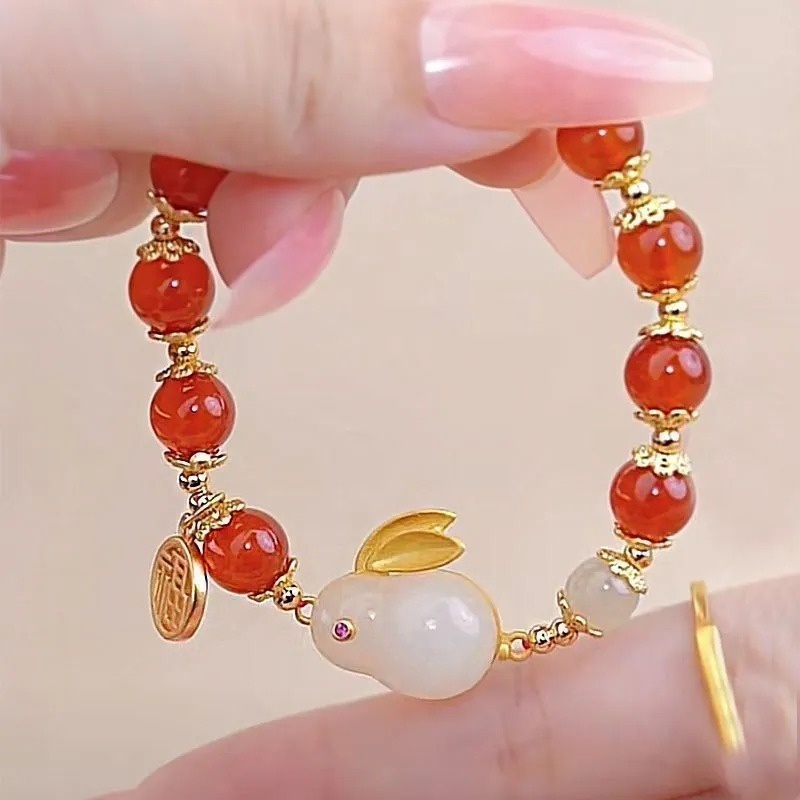 สร้อยข้อมือ ประดับลูกปัดหยก รูปกระต่ายนําโชค สไตล์จีนวินเทจ สําหรับผู้หญิง และคู่รัก