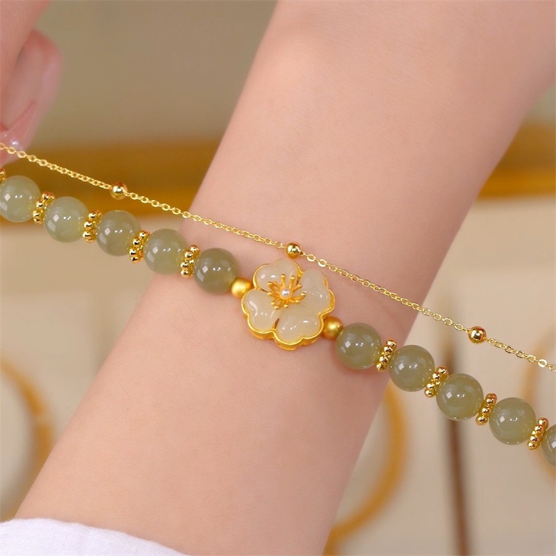 สร้อยข้อมือ ประดับลูกปัดหยกธรรมชาติ ลายดอกไม้ สองชั้น สําหรับผู้หญิง