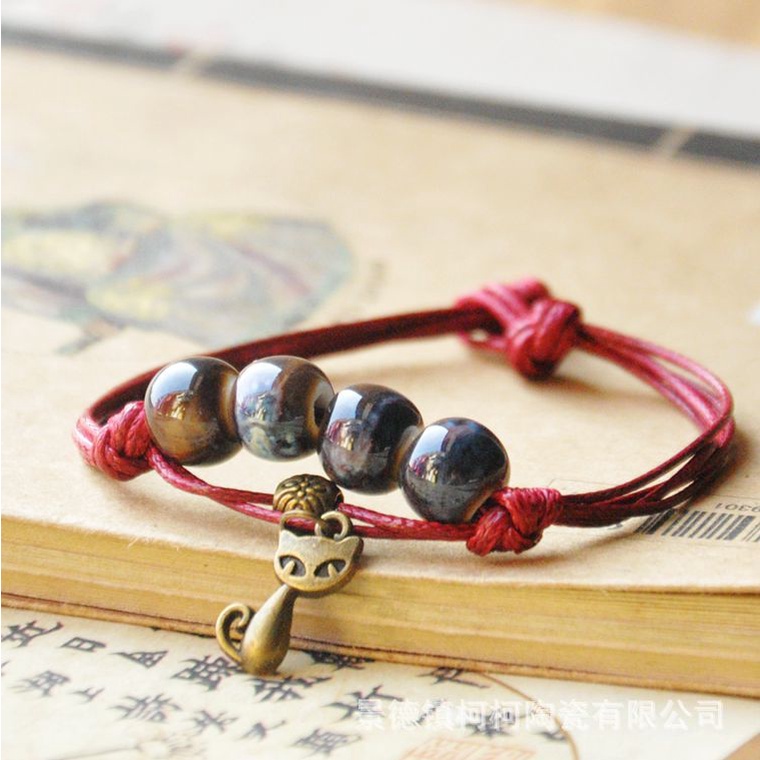 สร้อยข้อมือ เชือกถักเซรามิค ประดับลูกปัดพอร์ซเลน สีสันสดใส สไตล์ชนเผ่า สําหรับผู้หญิง