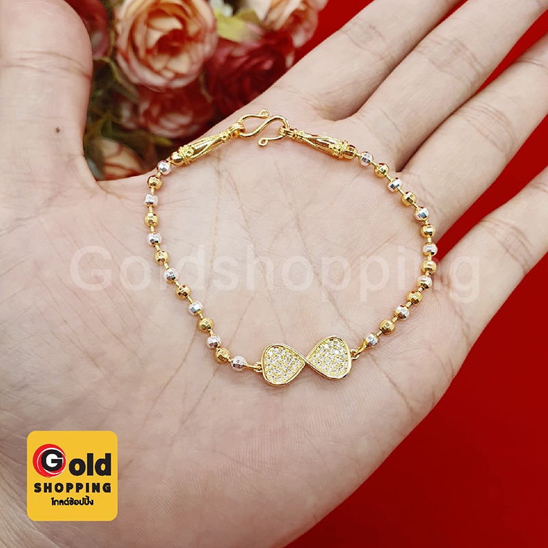 สร้อยข้อมือทองสองกษัตริย์ลายไข่ปลาคั่นโบว์ฝังเพชร 2K ความยาว 7 นิ้ว