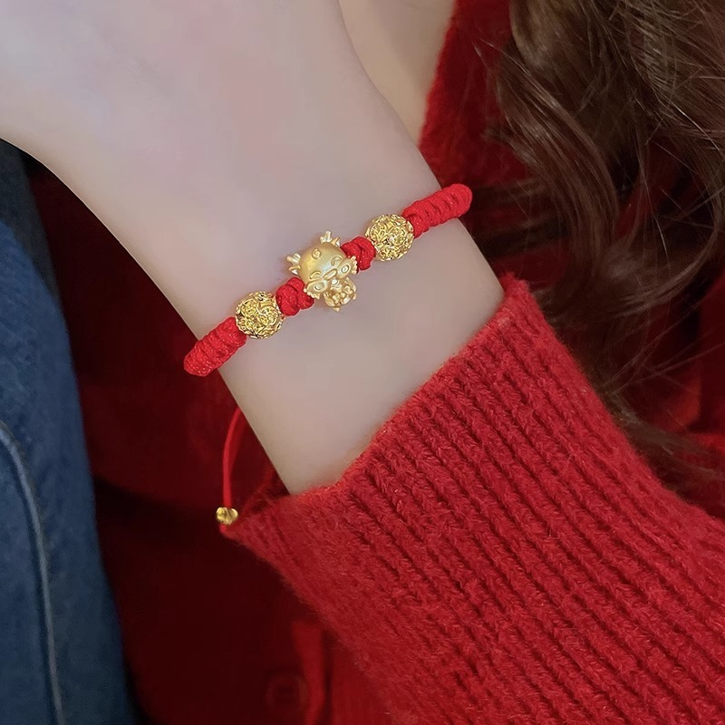 สร้อยข้อมือเชือกถัก สีแดง มังกรทอง ของขวัญปีใหม่ สําหรับผู้ชาย และผู้หญิง