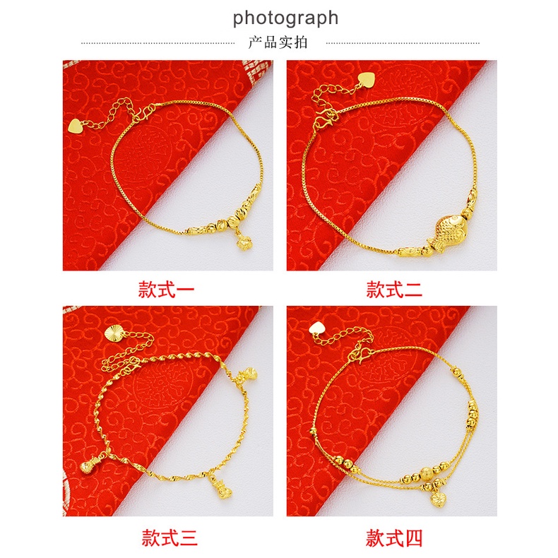 สร้อยข้อเท้า ประดับลูกปัด ระฆังทอง 24k แบบสองชั้น แฟชั่นสําหรับผู้หญิง