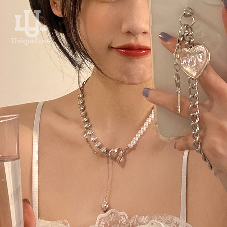 สร้อยคอแฟชั่น จี้ไข่มุก เพทาย รูปหัวใจ สวยหรู คุณภาพสูง