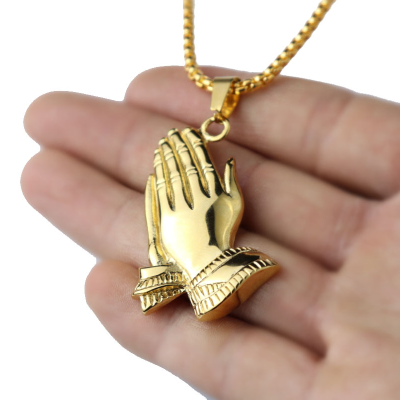 สร้อยคอแฟชั่นผู้ชายจี้ Hands Together Prayer สีทอง