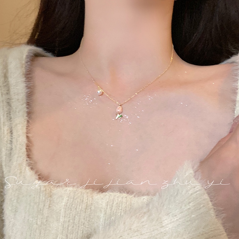 สร้อยคอโชคเกอร์ จี้ดอกทิวลิป สีชมพู 17 กม. สําหรับเครื่องประดับ