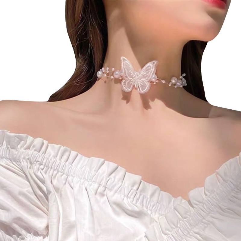 สร้อยคอโชคเกอร์ จี้ผีเสื้อ ประดับไข่มุก สําหรับผู้หญิง