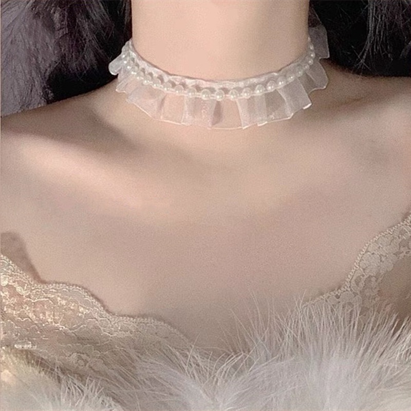 สร้อยคอโชคเกอร์ ประดับไข่มุก สีขาว แต่งลูกไม้ สไตล์วินเทจ