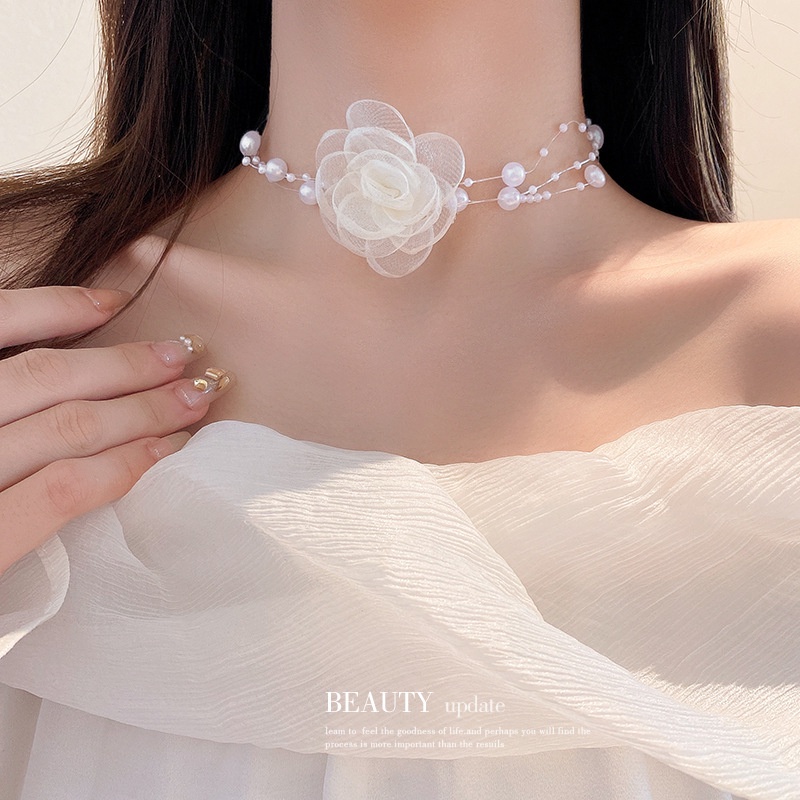 สร้อยคอโชคเกอร์ ผ้าลูกไม้ ประดับมุก ลายดอกไม้ หรูหรา เครื่องประดับ สําหรับผู้หญิง