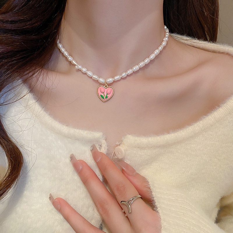สร้อยคอโซ่ จี้ดอกทิวลิป ประดับไข่มุกน้ําจืด สีชมพู