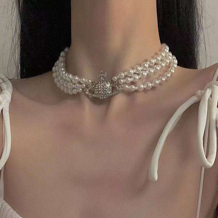 สร้อยคอโซ่ จี้ดาวเสาร์ สามชั้น ประดับเพชร ไข่มุก หรูหรา ออกแบบดี แฟชั่นสําหรับผู้หญิง