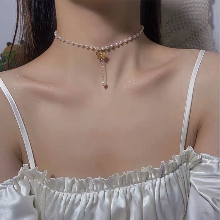 สร้อยคอโซ่ จี้ไข่มุก ผีเสื้อ สไตล์ฝรั่งเศส สําหรับผู้หญิง