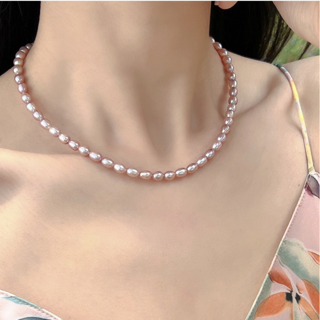 สร้อยคอโซ่มุกน้ําจืด ข้าวสีม่วงธรรมชาติ 5-6 มม. สําหรับผู้หญิง