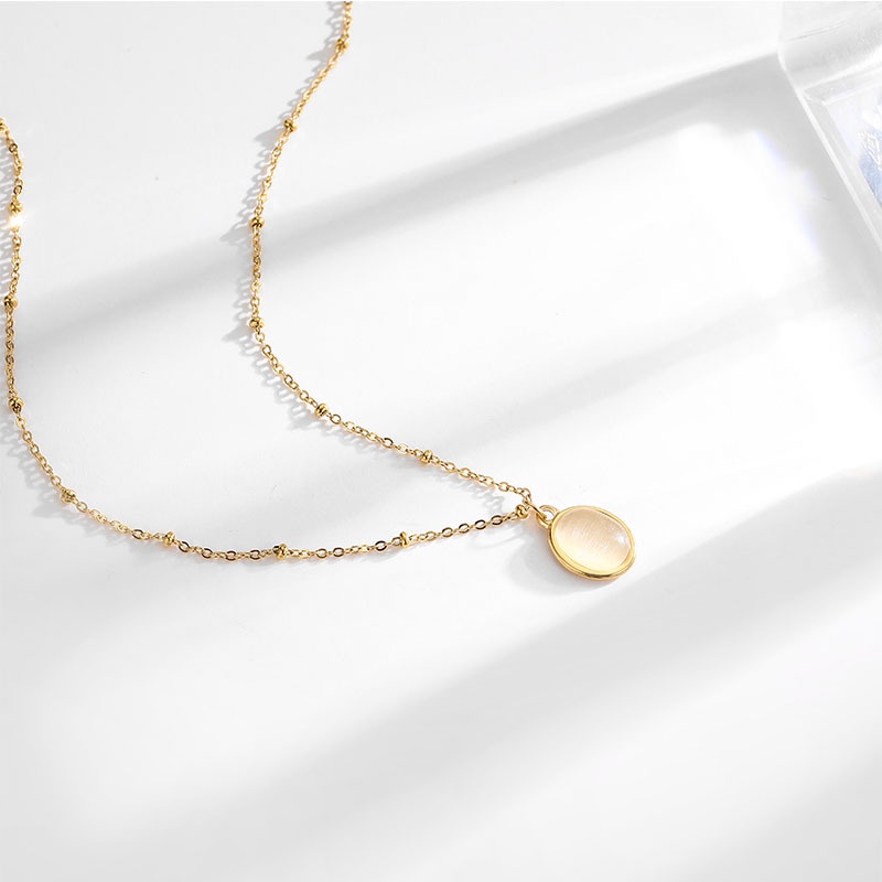 สร้อยคอโซ่เหล็กไทเทเนียม ทอง 18k จี้โอปอล สีไม่จาง สไตล์ฝรั่งเศส สําหรับผู้หญิง