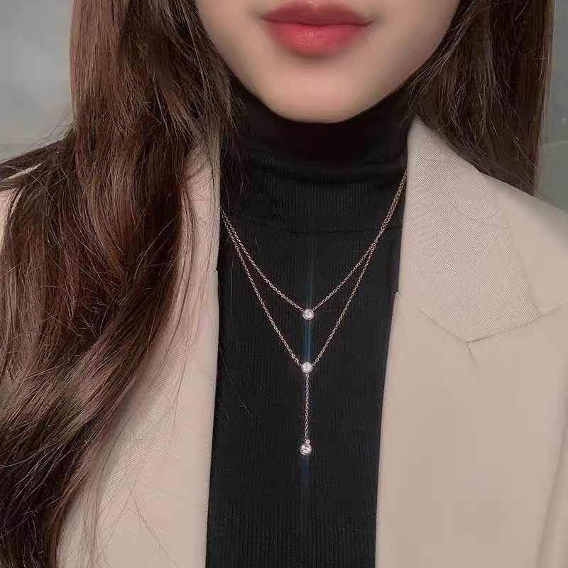 สร้อยคอโซ่เหล็กไทเทเนียม สองชั้น เรียบง่าย เครื่องประดับแฟชั่น สําหรับผู้หญิง