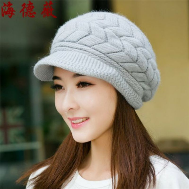 ส่งจากไทย หมวกไหมพรมมีปีก สีเทา บุขนด้านใน ลายโซ่ใหญ่ หมวกกันหนาว หมวกไปต่างประเทศ