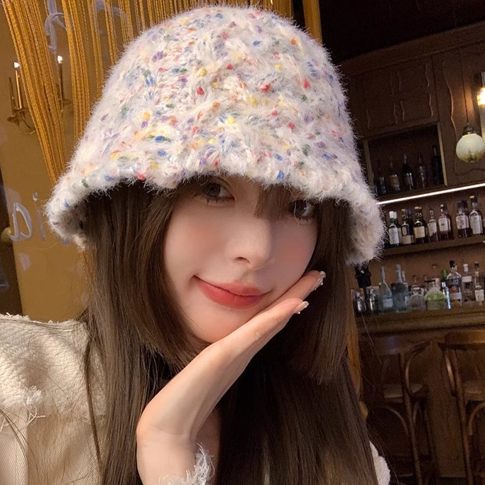 หมวกบักเก็ต ผ้าวูลถัก ขนาดเล็ก สีสันสดใส แฟชั่นฤดูใบไม้ร่วง และฤดูหนาว สําหรับผู้หญิง 2023