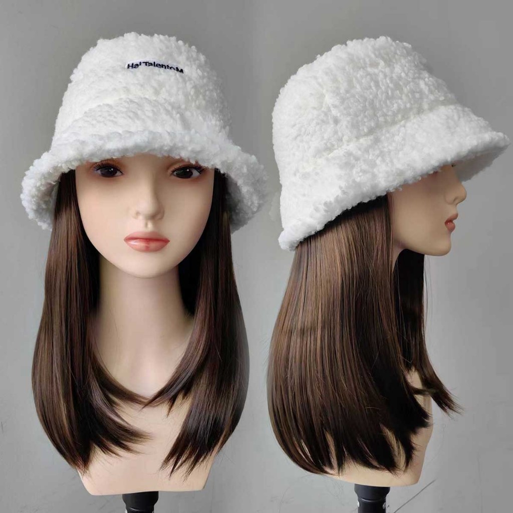 หมวกวิกผมกากี ผมยาวตรง 30cm ผมสีน้ำตาลเย็น ถอดไม่ได้ สวมใส่ง่าย