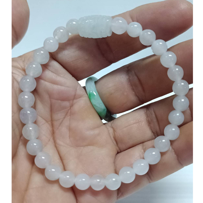 หยก หยกพม่า สร้อยข้อมือหยกสีขาวคั่นถังเบียร์แกะสลัก 6.3 mm
