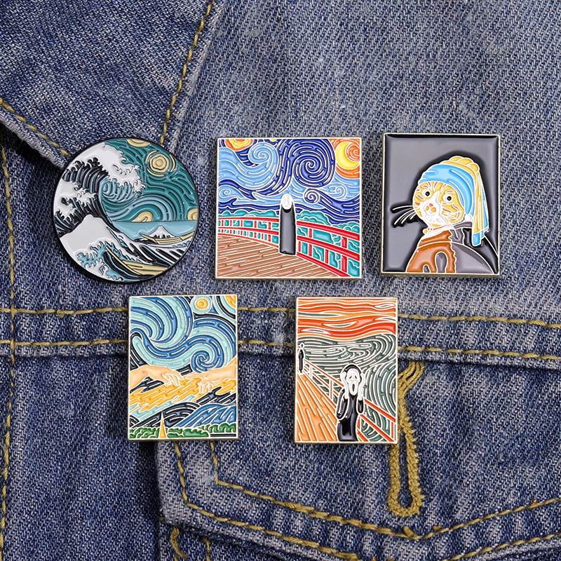 เข็มกลัด รูปภาพวาดสีน้ํามัน Van Gogh Starry Night Scream No-face เหมาะกับของขวัญ สําหรับเพื่อน
