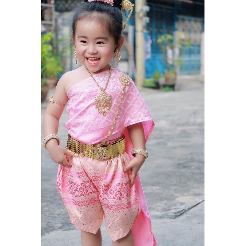 เซทสร้อยต่างหูพลอยชมพู เครื่องประดับชุดไทยเด็ก