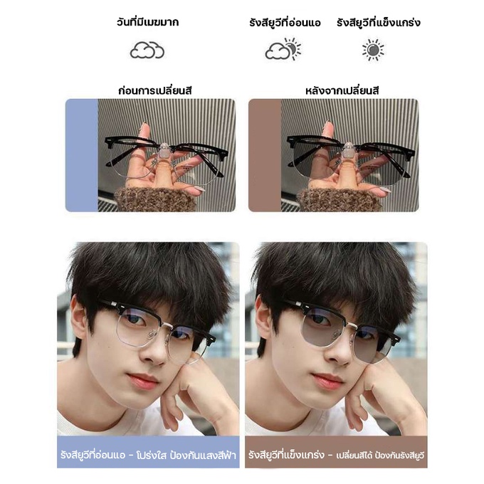 แว่นกรองแสง แว่นสายตาสั้น เลนส์ออโตเมติก ออกแดดเปลี่ยนสีใน5วิ Super Auto Lens กันUV99% Computer Glasses แฟชั่น
